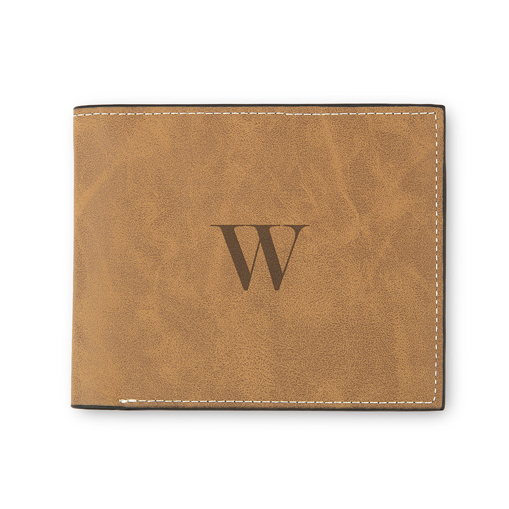 Men’s Custom Engraved Brown Faux Leather Wallet - Modern Serif Monogram - Vispro Designs