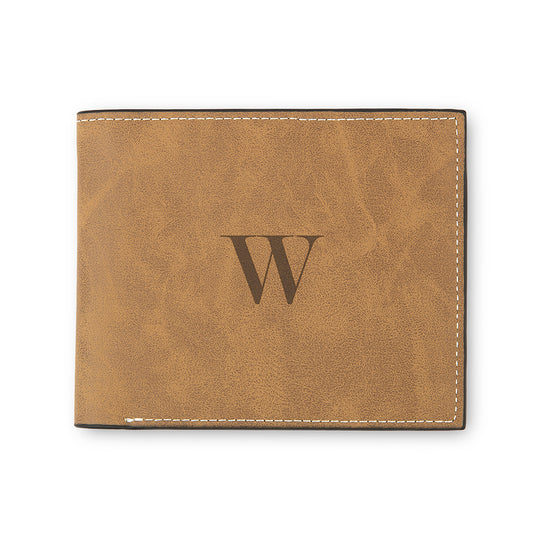 Men’s Custom Engraved Brown Faux Leather Wallet - Modern Serif Monogram - Vispro Designs