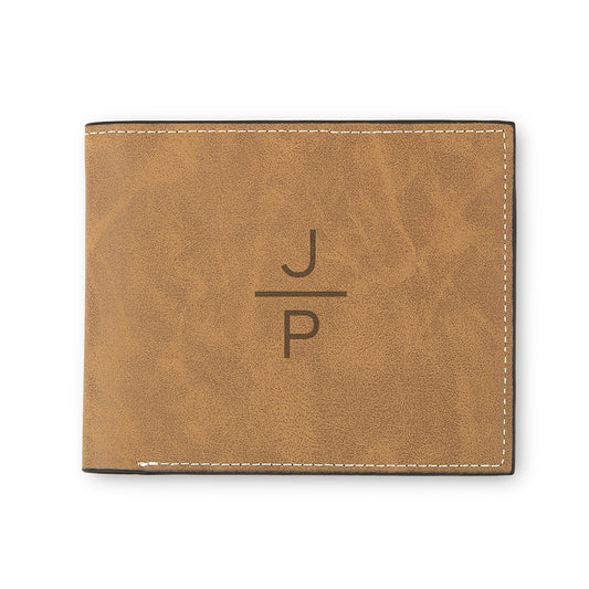 Men’s Custom Engraved Brown Faux Leather Wallet - Stacked Monogram - Vispro Designs