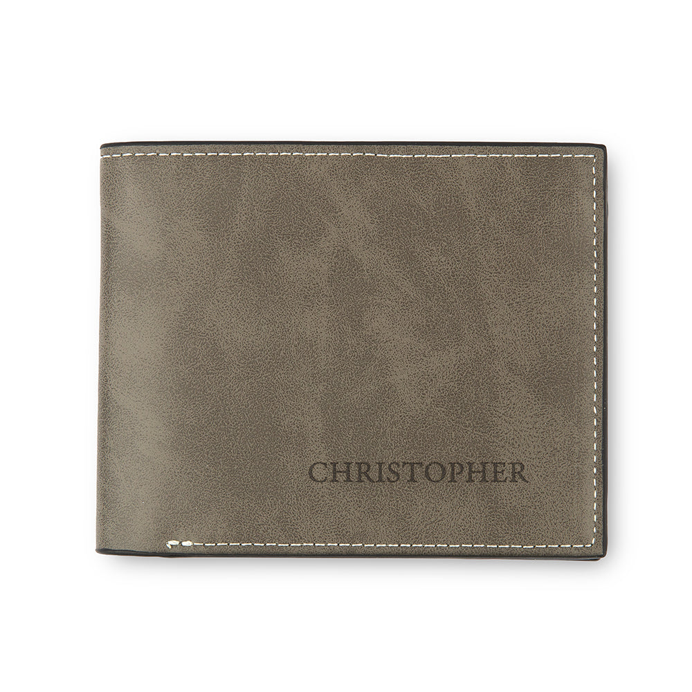 Men’s Custom Engraved Gray Faux Leather Wallet - Serif Font - Vispro Designs