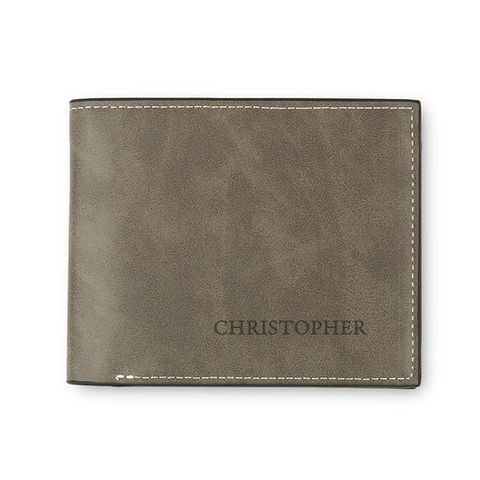 Men’s Custom Engraved Gray Faux Leather Wallet - Serif Font - Vispro Designs