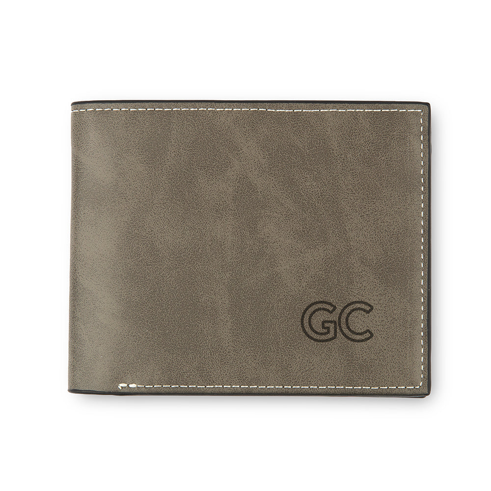Men’s Custom Engraved Gray Faux Leather Wallet - Line Initials - Vispro Designs