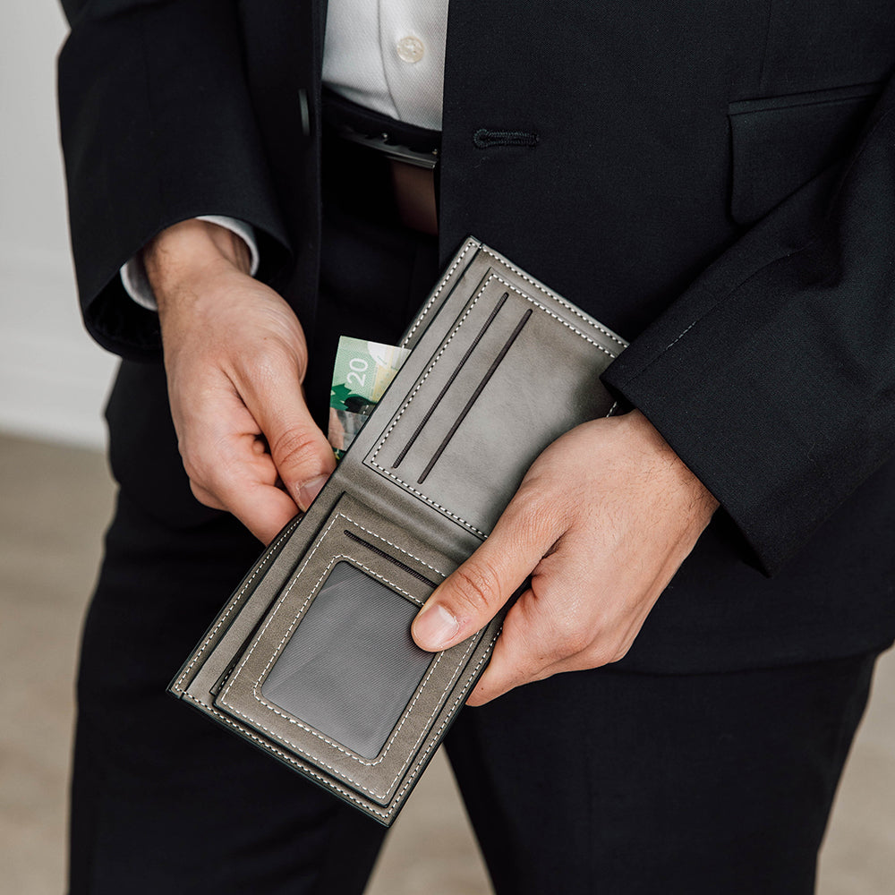 Men’s Custom Engraved Gray Faux Leather Wallet - Modern Monogram - Vispro Designs