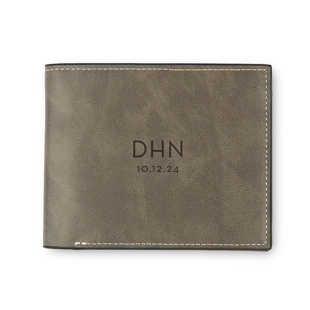 Men’s Custom Engraved Gray Faux Leather Wallet - Modern Monogram - Vispro Designs