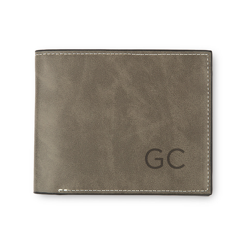 Men’s Custom Engraved Gray Faux Leather Wallet - Initials - Vispro Designs