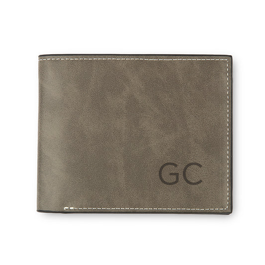 Men’s Custom Engraved Gray Faux Leather Wallet - Initials - Vispro Designs