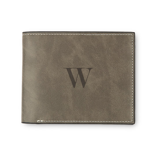 Men’s Custom Engraved Gray Faux Leather Wallet - Modern Serif Monogram - Vispro Designs