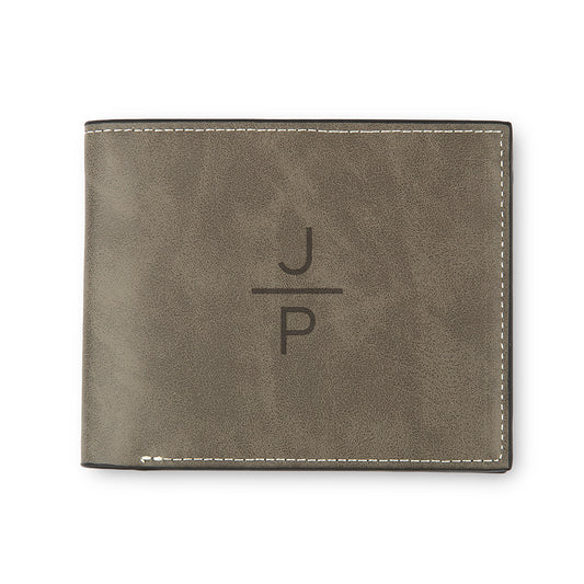 Men’s Custom Engraved Gray Faux Leather Wallet - Stacked Monogram - Vispro Designs