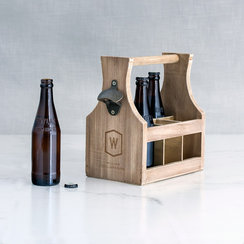 Personalized Wooden Beer Bottle Caddy With Opener - Geo Monogram - Vispro Designs