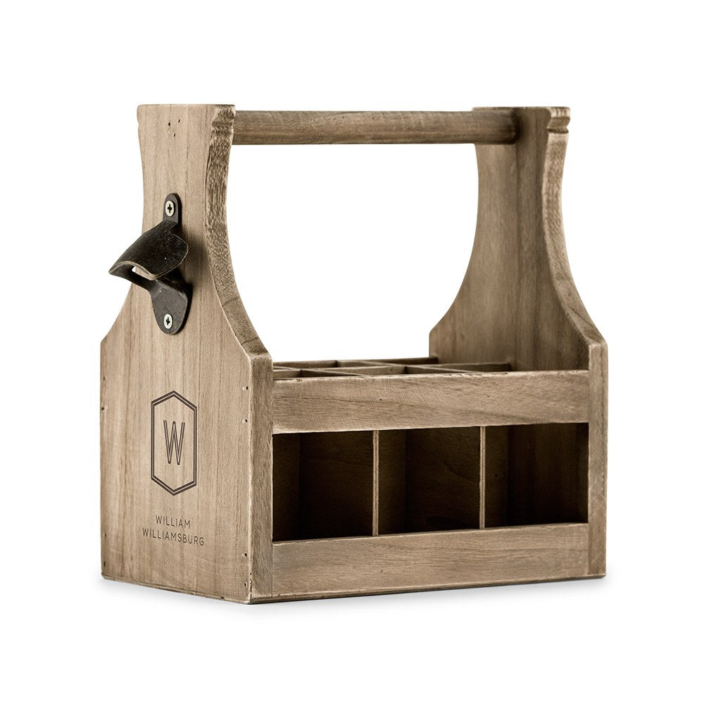 Personalized Wooden Beer Bottle Caddy With Opener - Geo Monogram - Vispro Designs