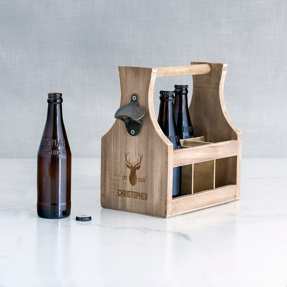Personalized Wooden Beer Bottle Caddy With Opener - Deer Etching - Vispro Designs