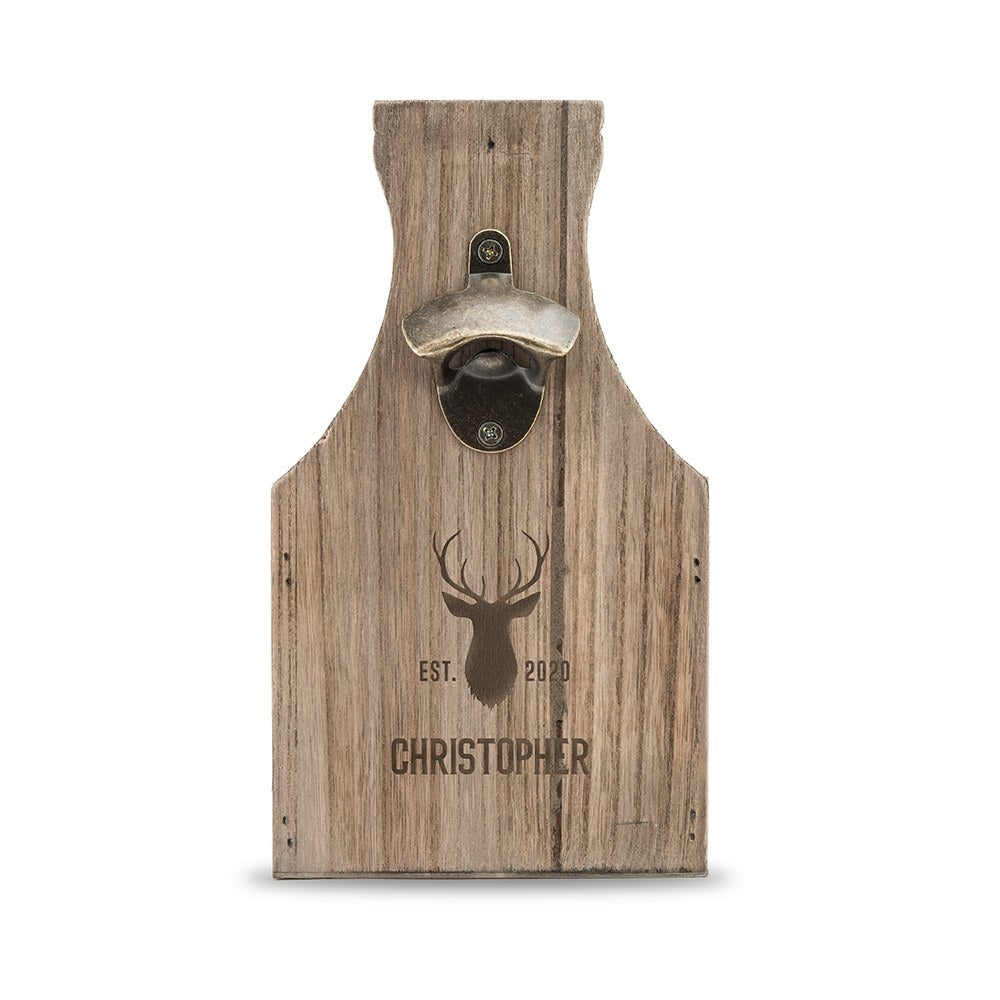 Personalized Wooden Beer Bottle Caddy With Opener - Deer Etching - Vispro Designs