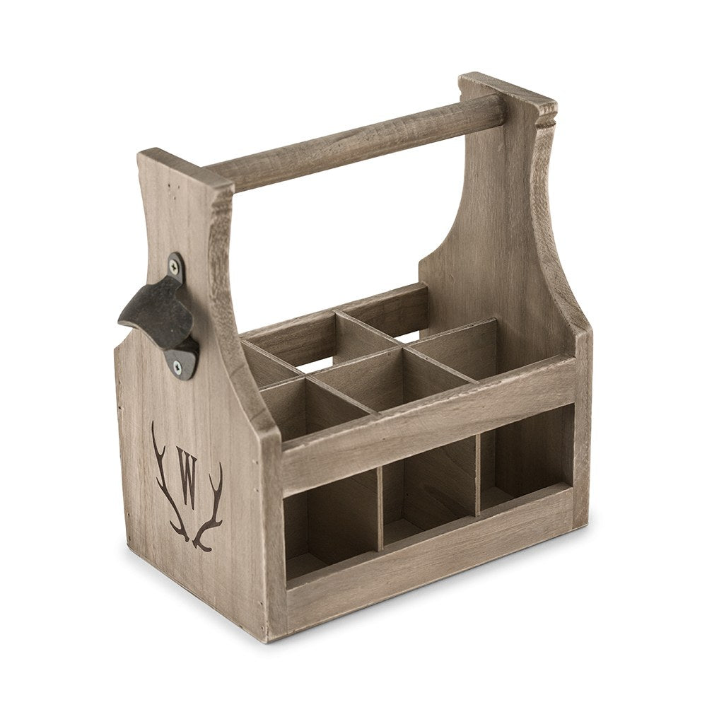 Personalized Wooden Beer Bottle Caddy With Opener - Antler Monogram - Vispro Designs