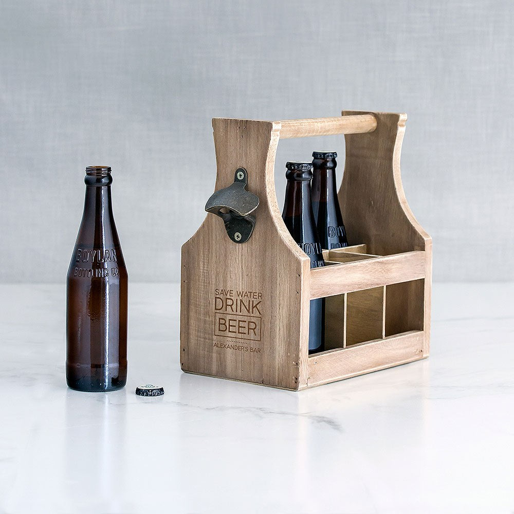 Wood Beer Bottle Caddy With Opener - Save Water Drink Beer - Vispro Designs