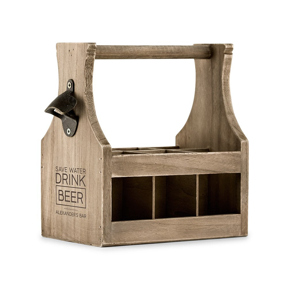 Wood Beer Bottle Caddy With Opener - Save Water Drink Beer - Vispro Designs