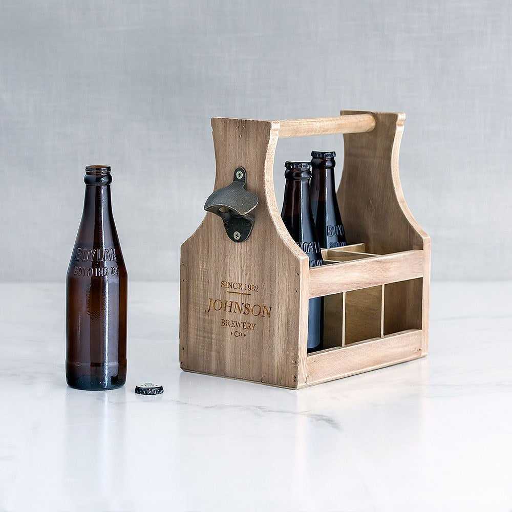 Wood Beer Bottle Caddy With Opener - Brewery Co. Etching - Vispro Designs