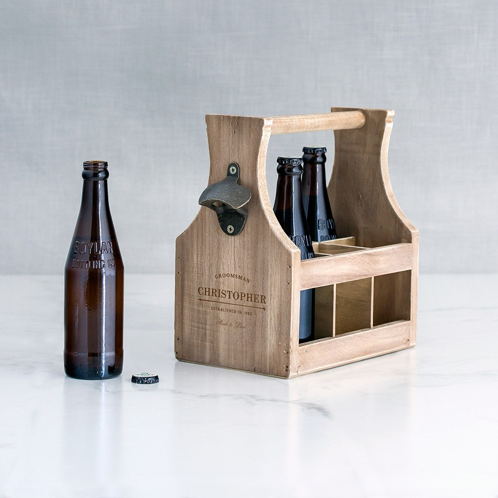 Personalized Wooden Beer Bottle Caddy With Opener - Groomsman Etching - Vispro Designs
