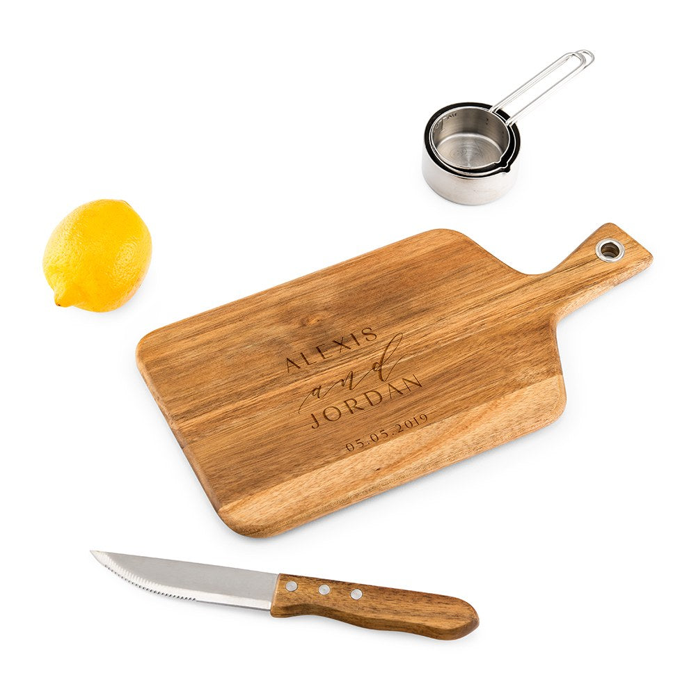 Personalized Wooden Paddle Cutting & Serving Board With Handle - Modern Couple - Vispro Designs