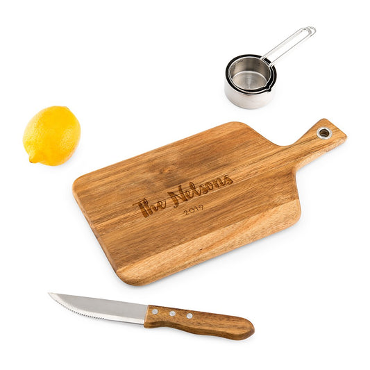 Personalized Wooden Paddle Cutting & Serving Board With Handle - Retro Script - Vispro Designs