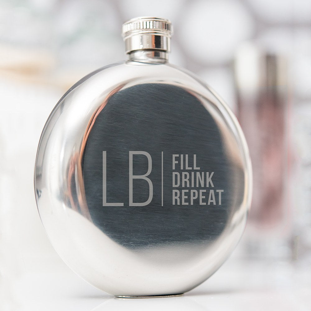 Personalized Silver Stainless Steel Round Hip Flask – Modern Monogram And Text Engraving - Vispro Designs