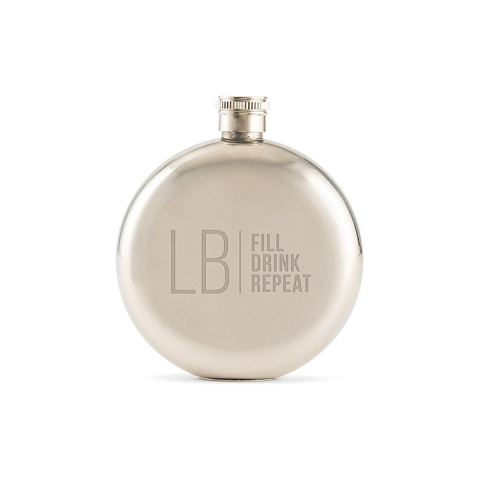 Personalized Silver Stainless Steel Round Hip Flask – Modern Monogram And Text Engraving - Vispro Designs