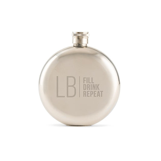 Personalized Silver Stainless Steel Round Hip Flask – Modern Monogram And Text Engraving - Vispro Designs