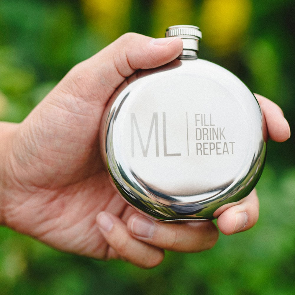 Personalized Silver Stainless Steel Round Hip Flask – Modern Monogram And Text Engraving - Vispro Designs