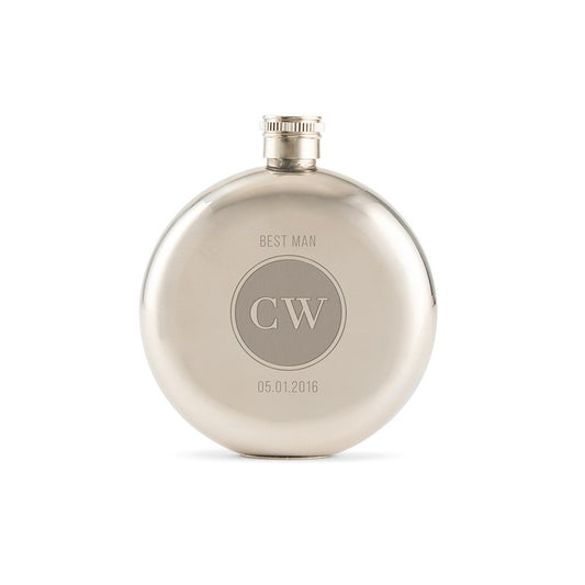 Personalized Silver Stainless Steel Round Hip Flask – Circle Monogram Engraving - Vispro Designs