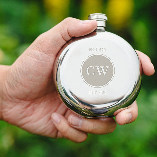 Personalized Silver Stainless Steel Round Hip Flask – Circle Monogram Engraving - Vispro Designs