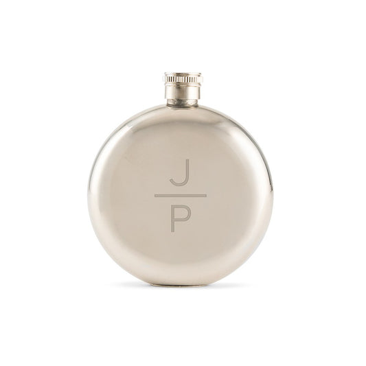 Personalized Silver Stainless Steel Round Hip Flask - Stacked Monogram Engraving - Vispro Designs