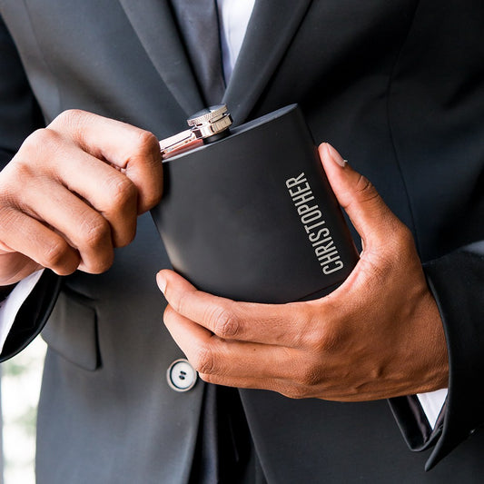 Personalized Engraved Black Hip Flask Wedding Gift - Vertical Name - Vispro Designs