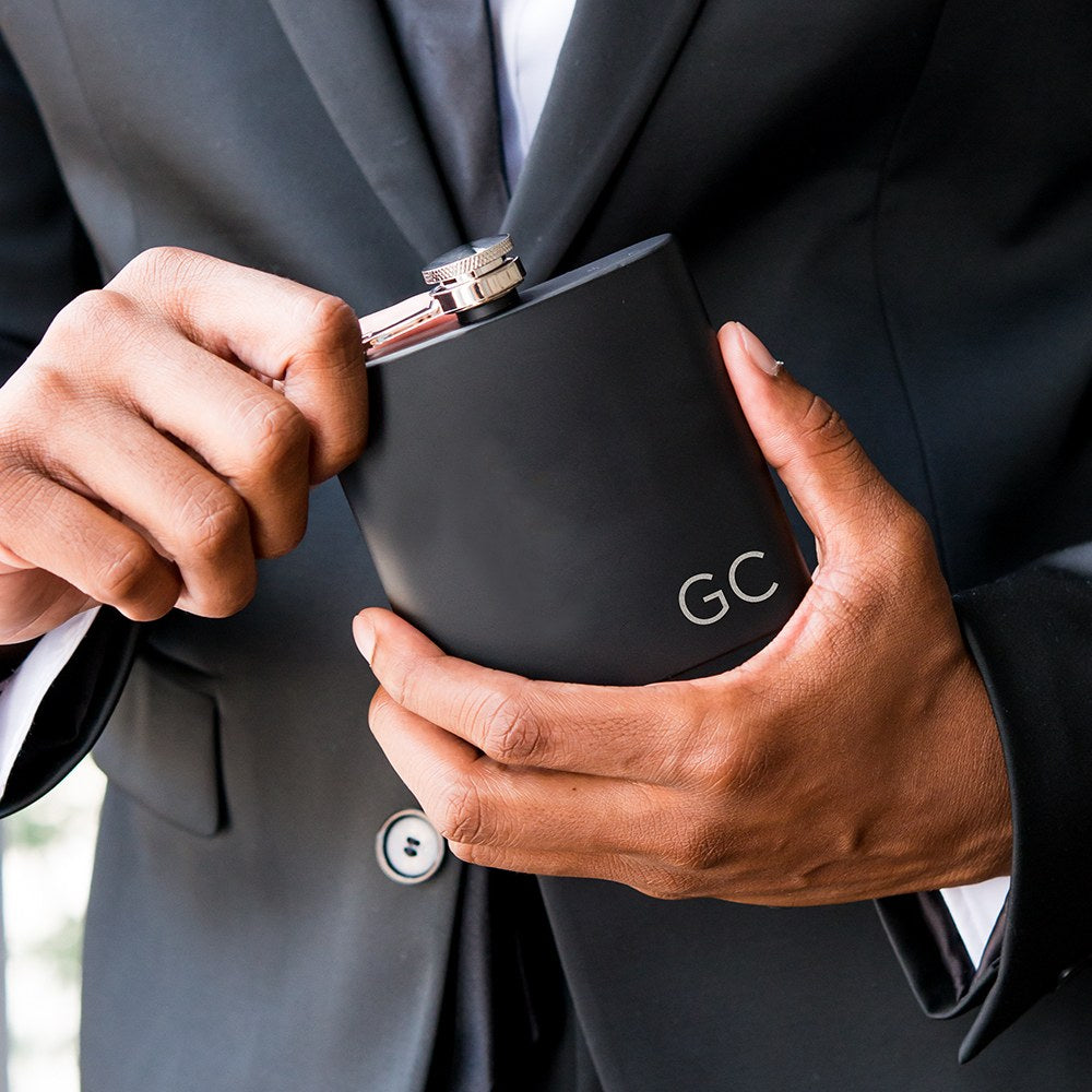 Personalized Engraved Black Hip Flask Wedding Gift - Initials - Vispro Designs