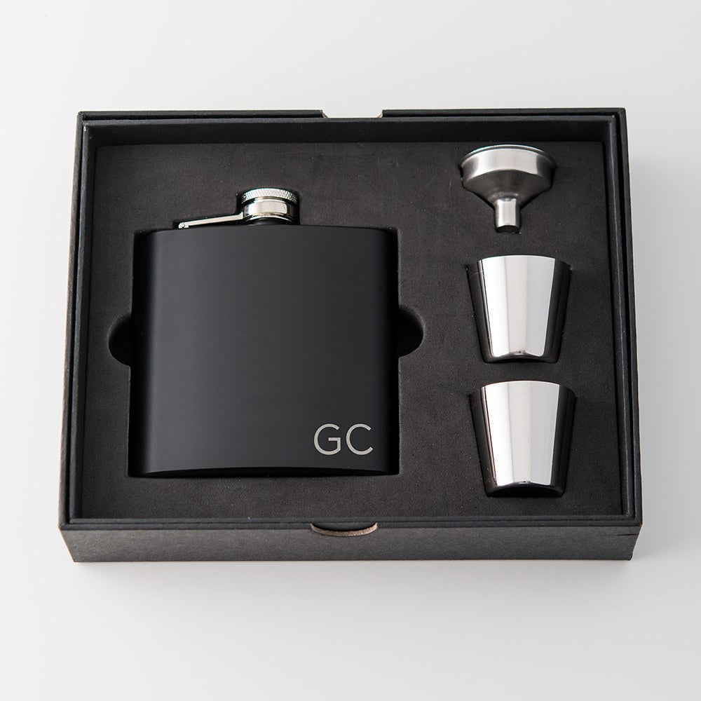 Personalized Engraved Black Hip Flask Wedding Gift - Initials - Vispro Designs
