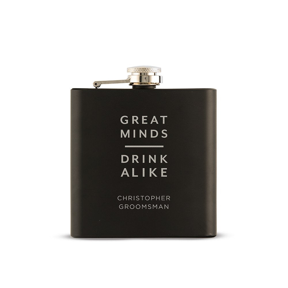 Personalized Engraved Black Hip Flask Wedding Gift - Great Minds Drink Alike - Vispro Designs