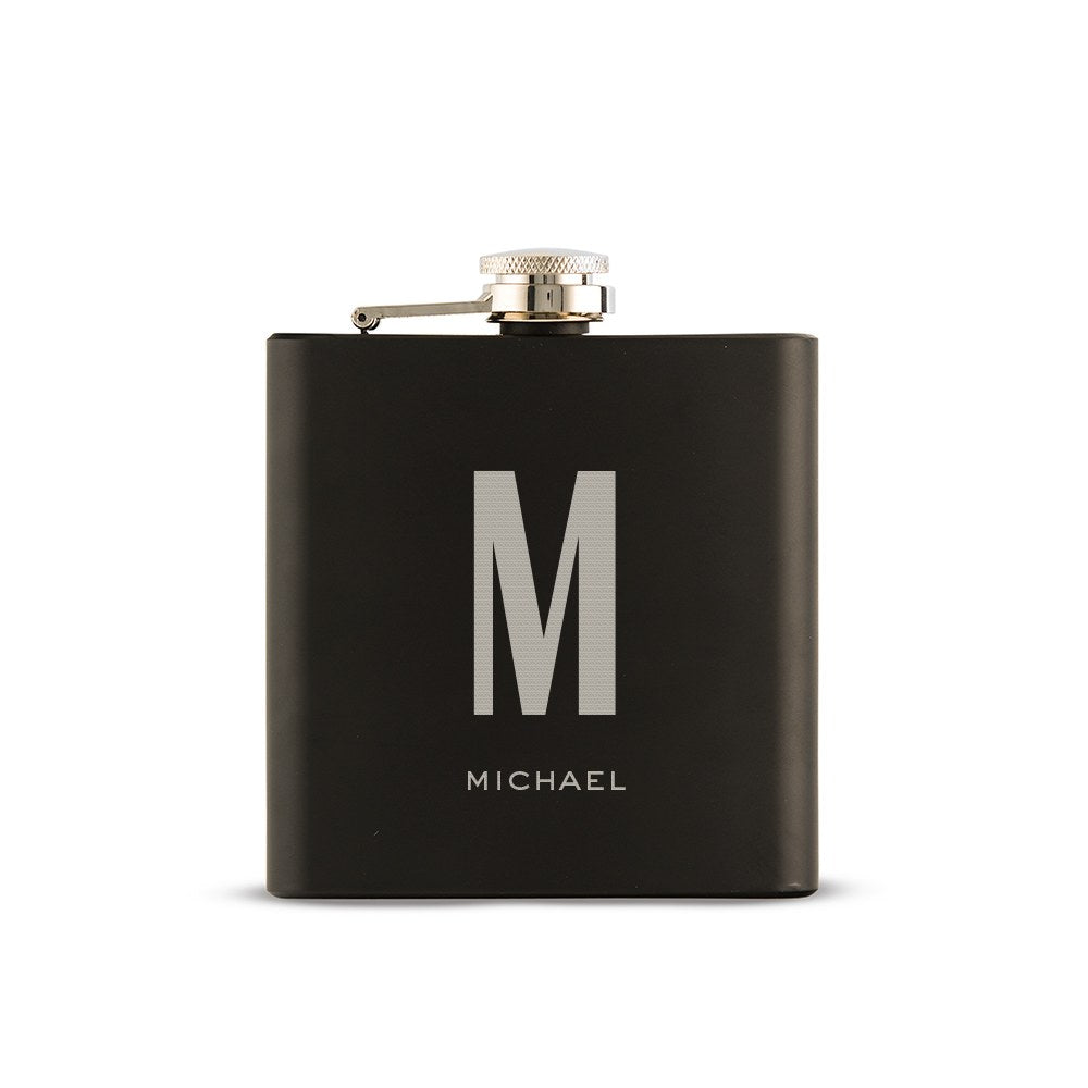 Personalized Engraved Black Hip Flask Wedding Gift - Single Monogram - Vispro Designs