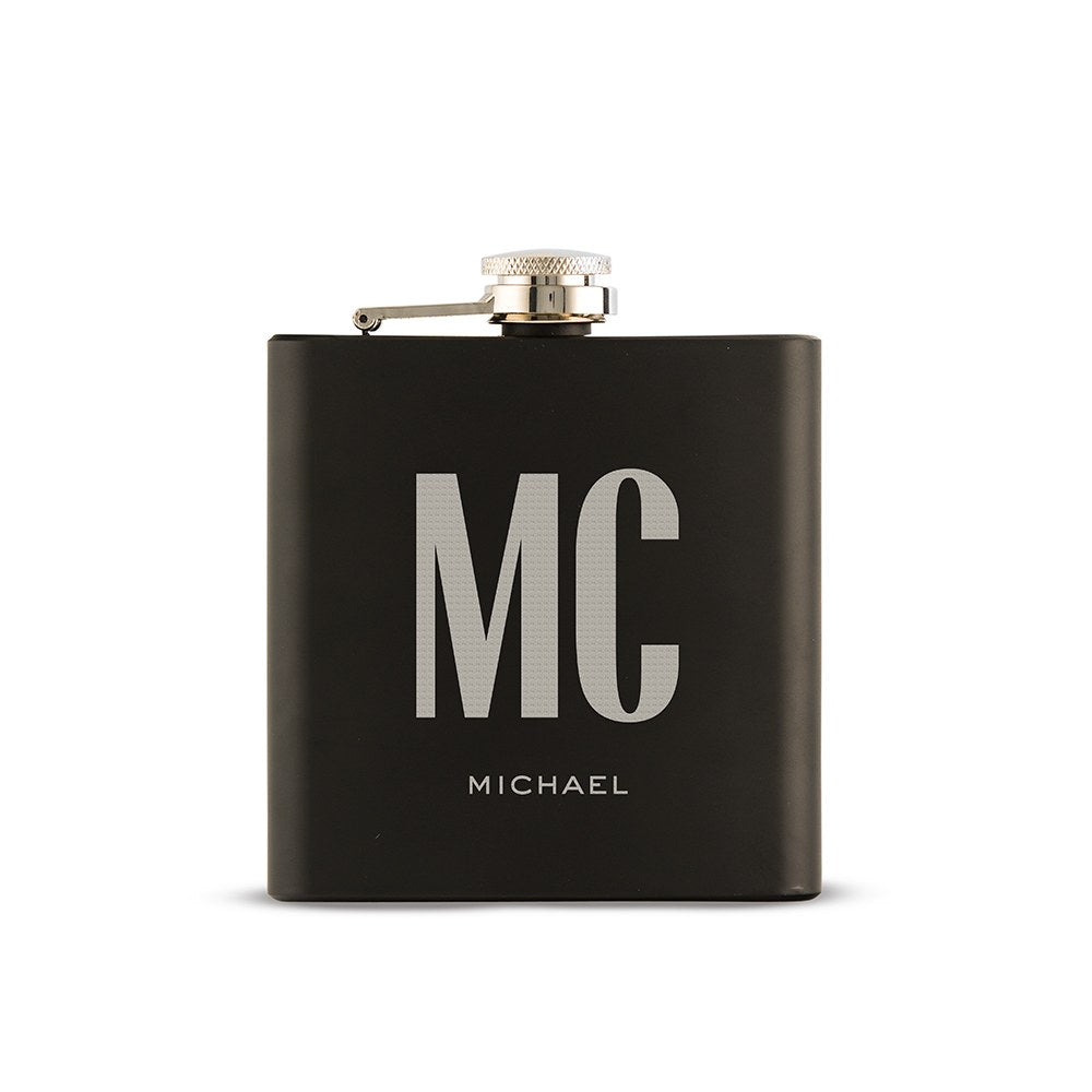 Personalized Engraved Black Hip Flask Wedding Gift - Single Monogram - Vispro Designs