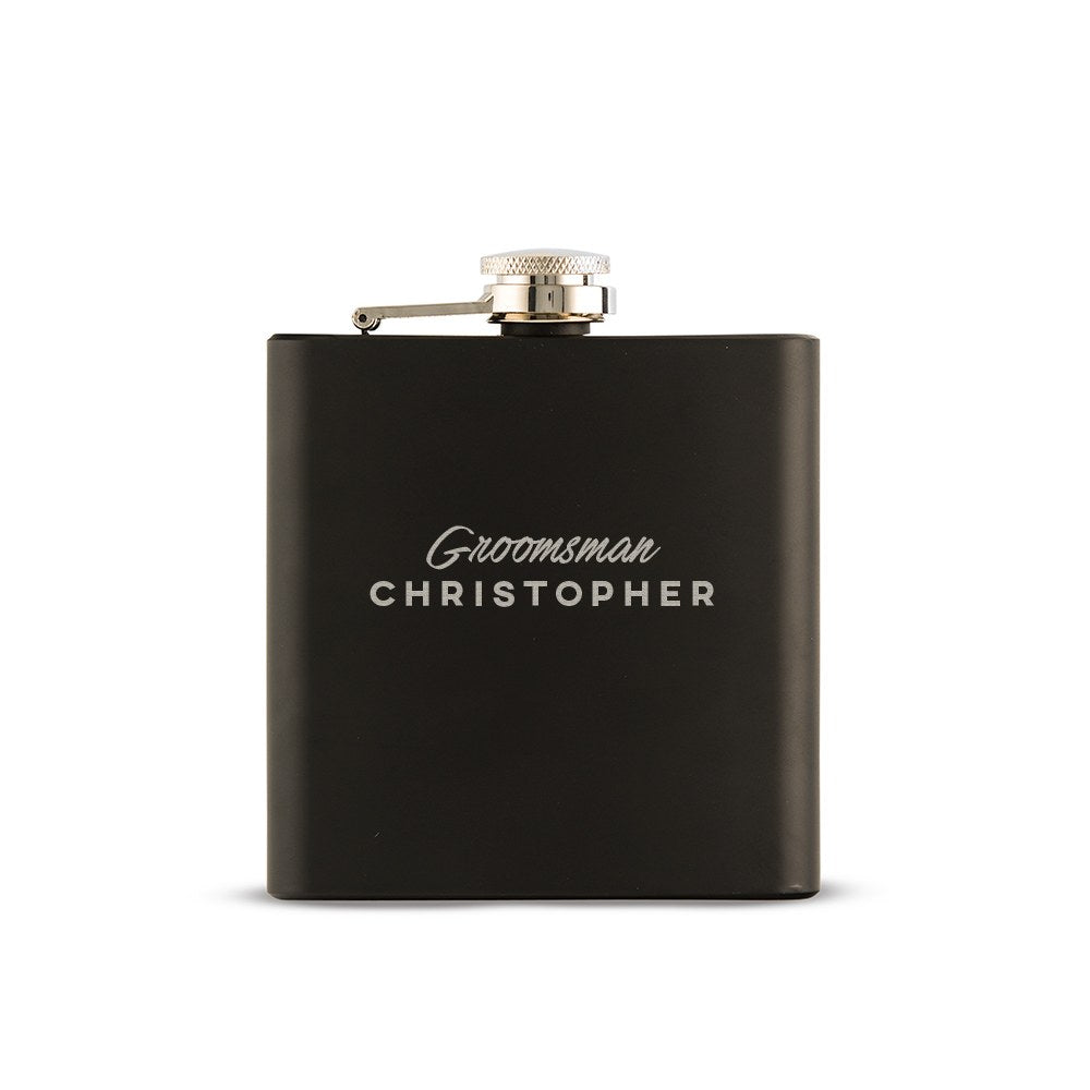 Personalized Engraved Black Hip Flask Wedding Gift - Groomsman Cursive - Vispro Designs