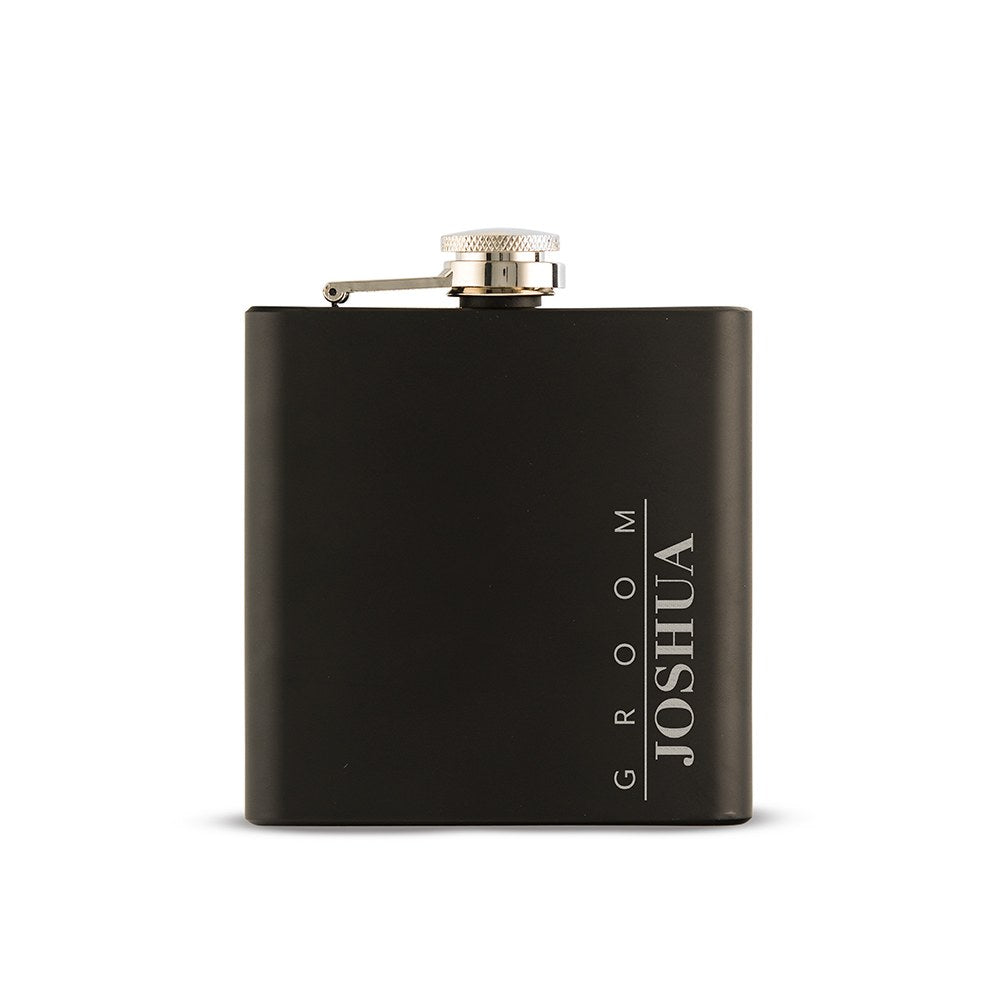 Personalized Engraved Black Hip Flask Wedding Gift - Groom Vertical - Vispro Designs