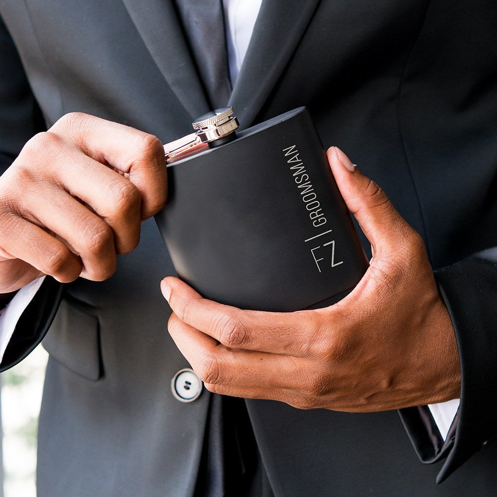 Personalized Engraved Black Hip Flask Wedding Gift - Vertical Monogram And Text Engraving - Vispro Designs