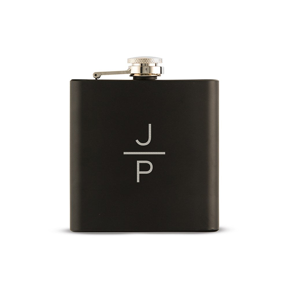 Personalized Engraved Black Hip Flask Wedding Gift - Stacked Monogram - Vispro Designs